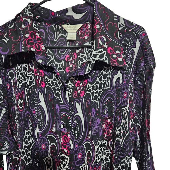 C.J. Banks Paisley Ruffle Sleeve Plisse Blouse Womens Plus Size 2X Crinkle Top - Picture 3 of 7